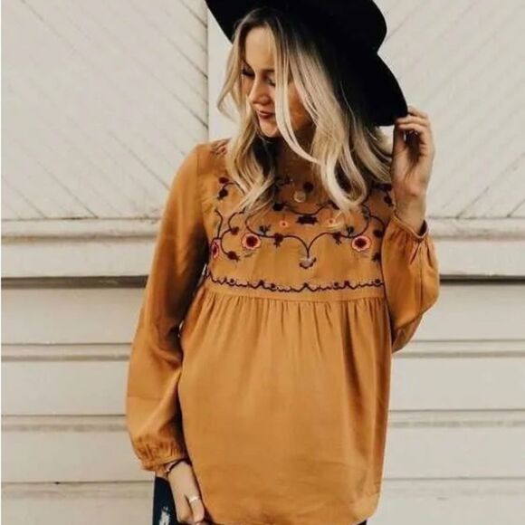 Anthropologie Tops - Anthropologie JODIFL Yellow Embroidered Long Sleeve Blouse
